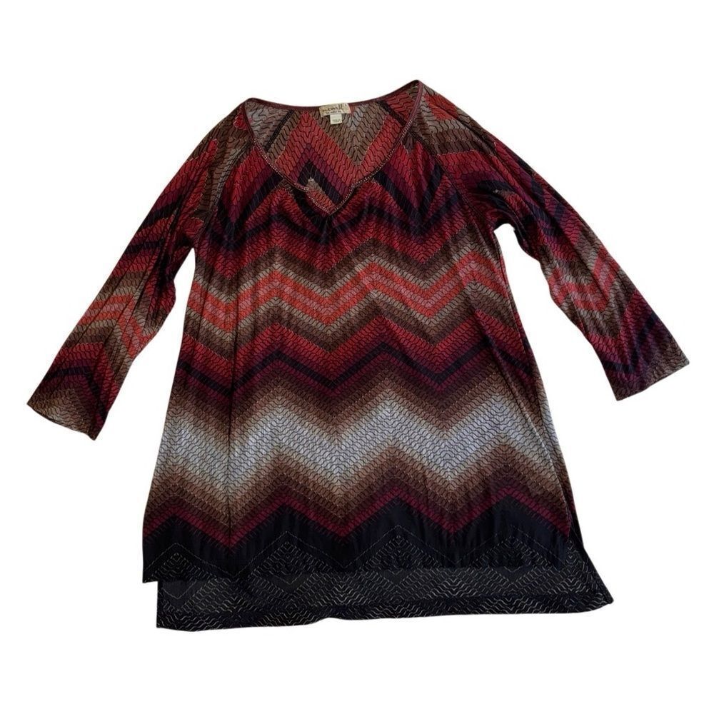 One World Women's Bohoemian Multi Color V Neck Long Sleeve Top Size Large